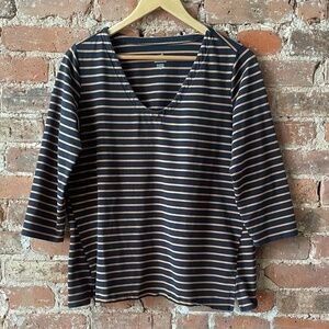 J Jill V-Neck 3/4 length sleeve Striped Tee Shirt - Navy & Orange - Medium